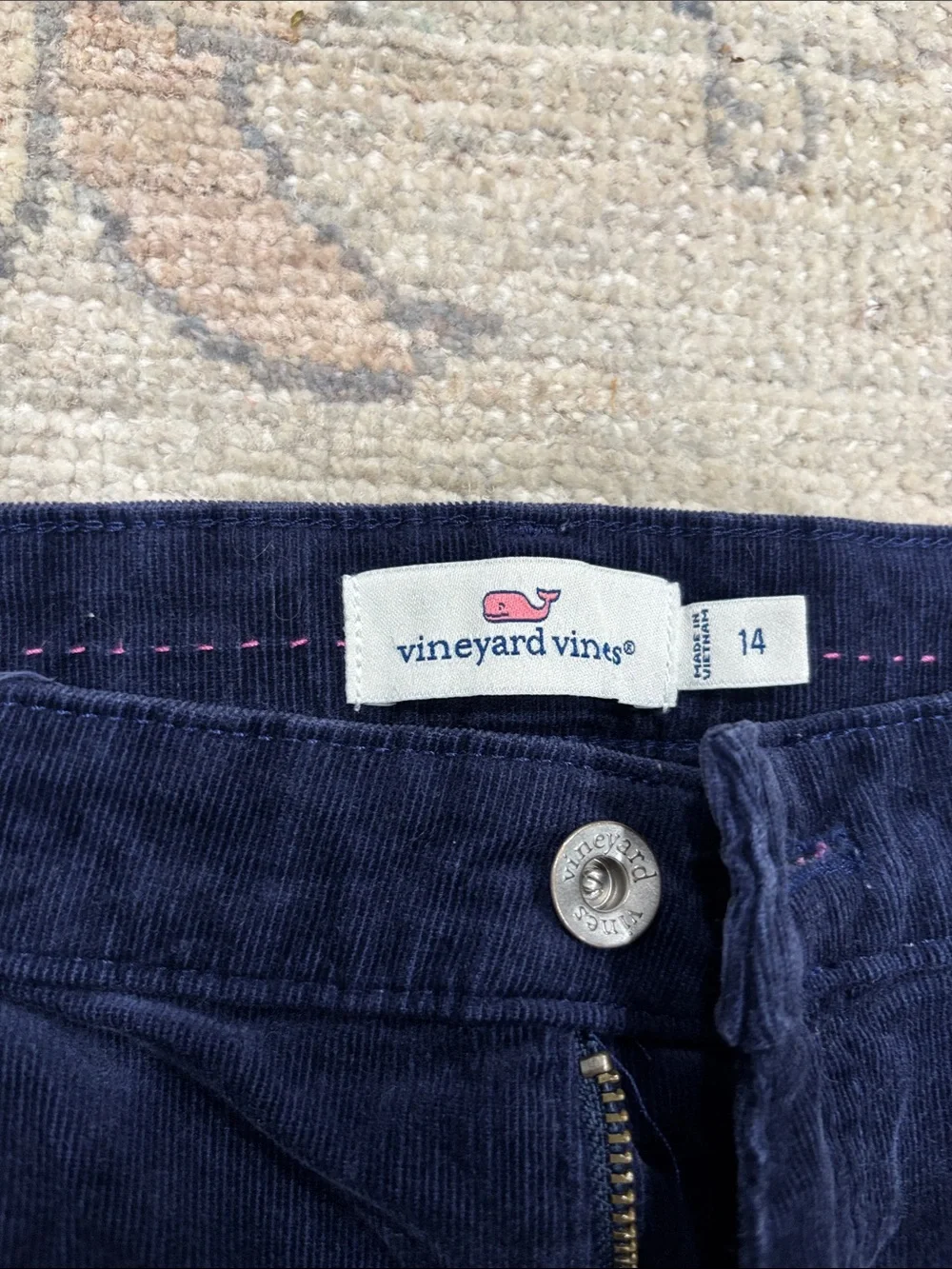 Vineyard Vines Navy Corduroy Pants with Pink Stitching